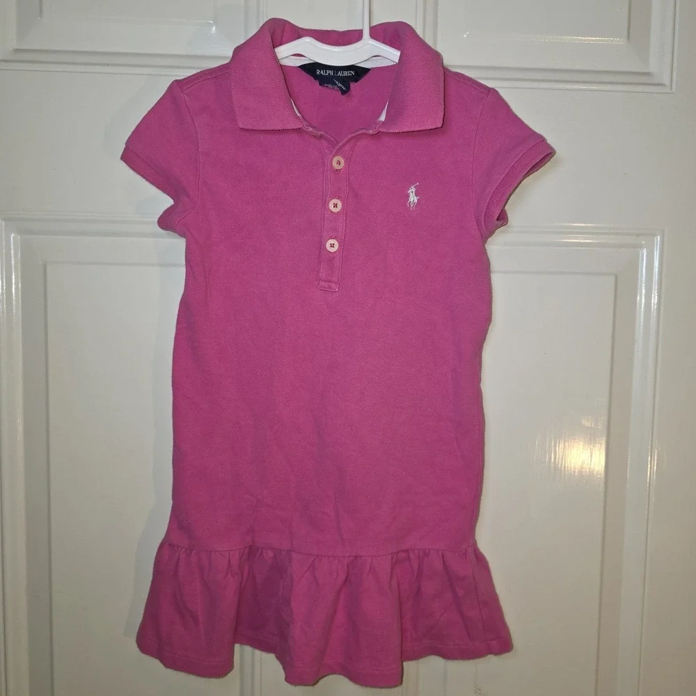 Ralph Lauren Girls Dress 4T Polo Neck Drop Waist Pink With White Pony Preppy